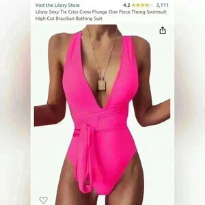 Lilosy Sexy Tie Criss Cross Plunge One Piece Thong Swimsuit High Cut Brazilian L